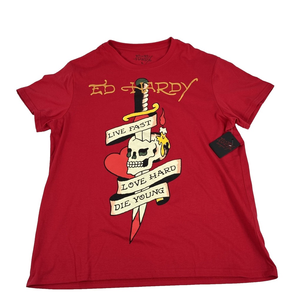 New Mens Ed Hardy Live Fast Love Hard Die Young Graphic T-Shirt Size Large NWT